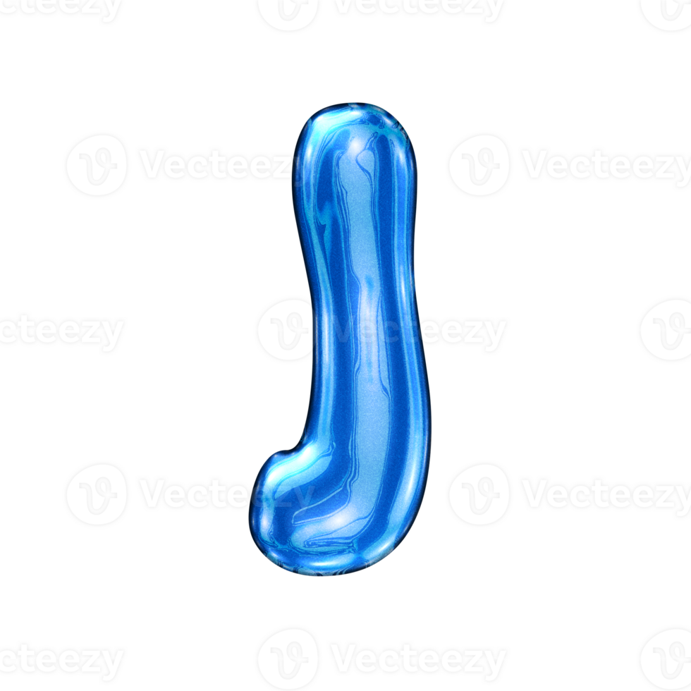 J font alphabet with y2k liquid sea blue chrome effect png