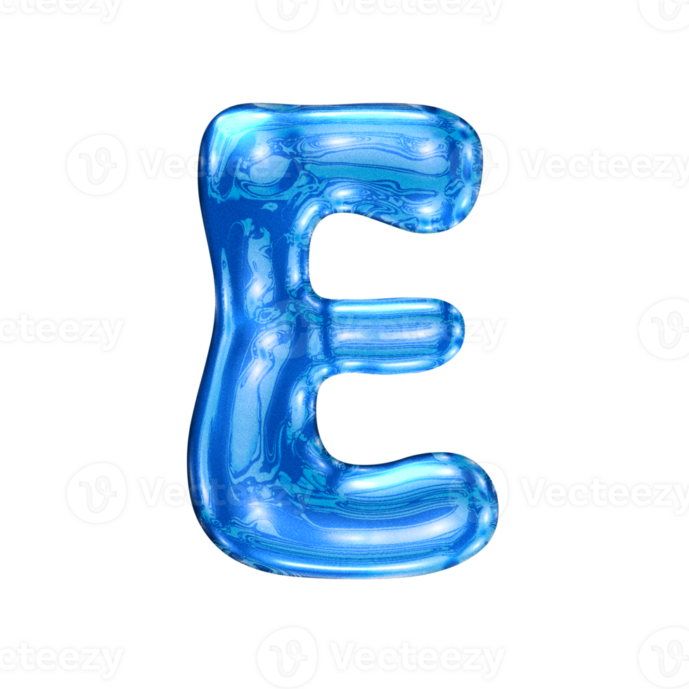 E font alphabet with y2k liquid sea blue chrome effect png