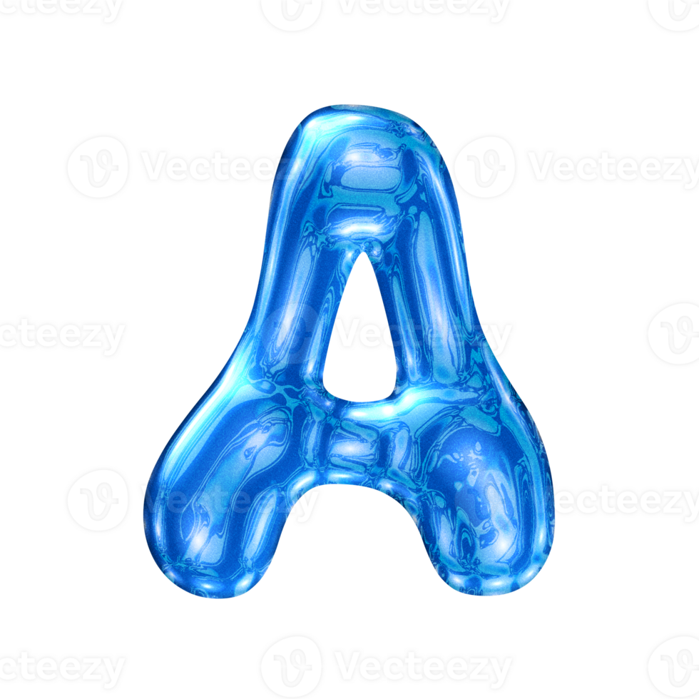 A font alphabet with y2k liquid sea blue chrome effect png