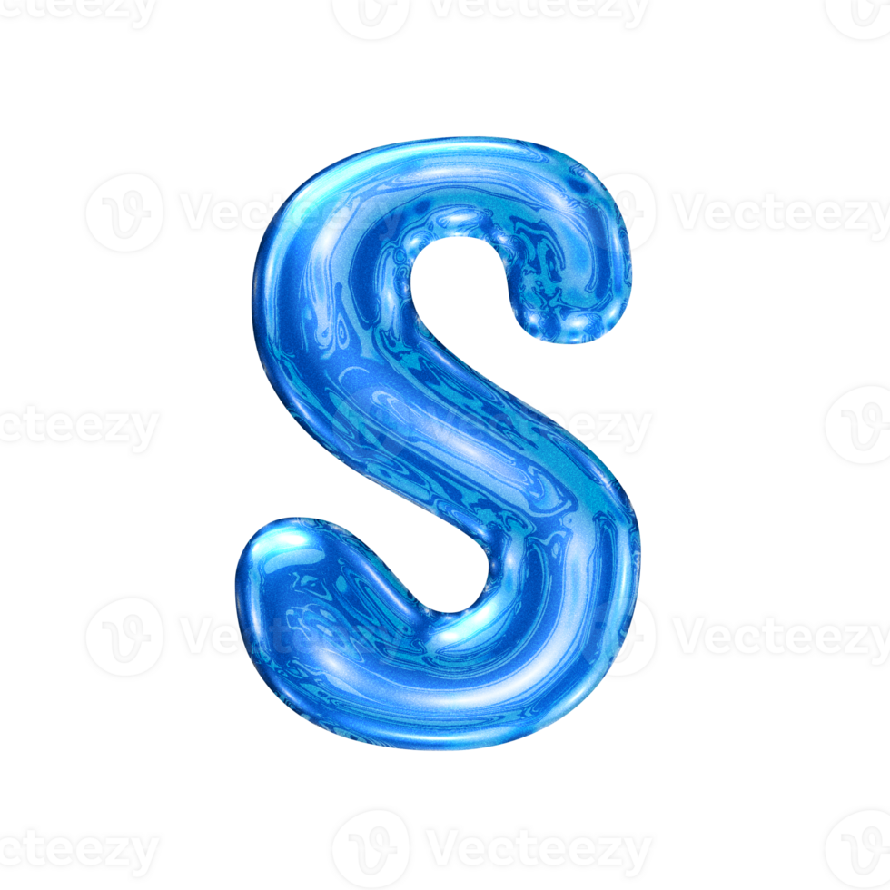 S font alphabet with y2k liquid sea blue chrome effect png