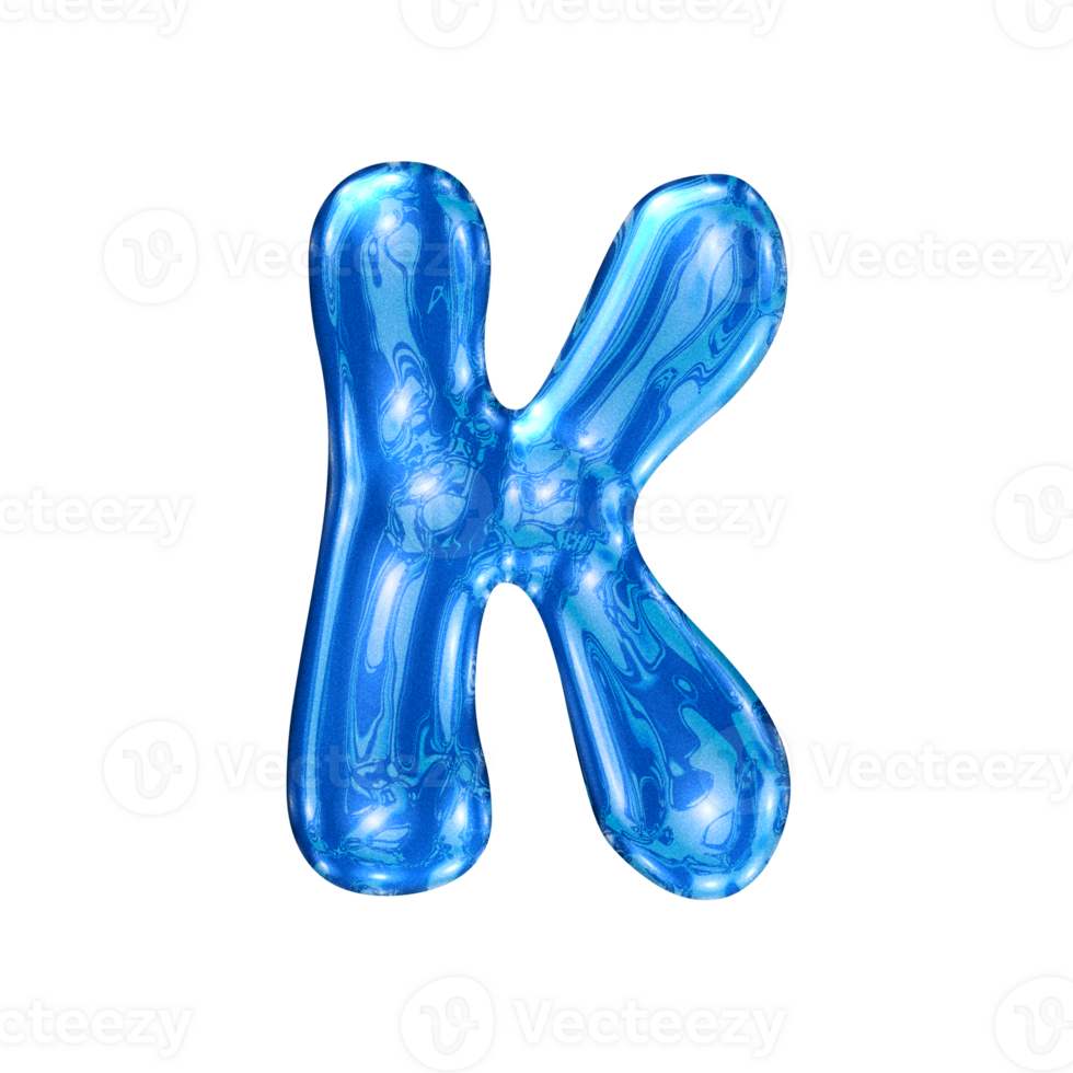 K font alphabet with y2k liquid sea blue chrome effect png