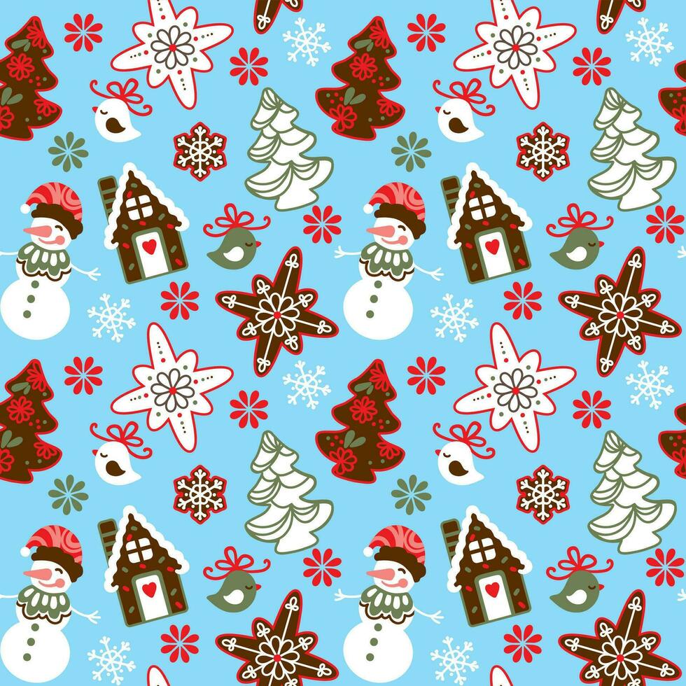 Illustration a gingerbread house, christmas cookies, snowflake, snowman, christmas tree on blue background. Christmas seamless pattern for fabric, wallpaper, apparel. vector