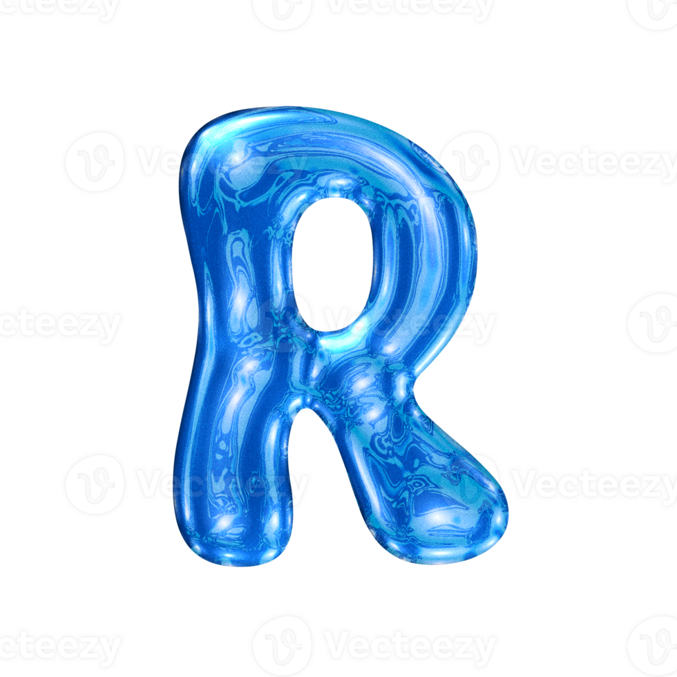 R font alphabet with y2k liquid sea blue chrome effect png