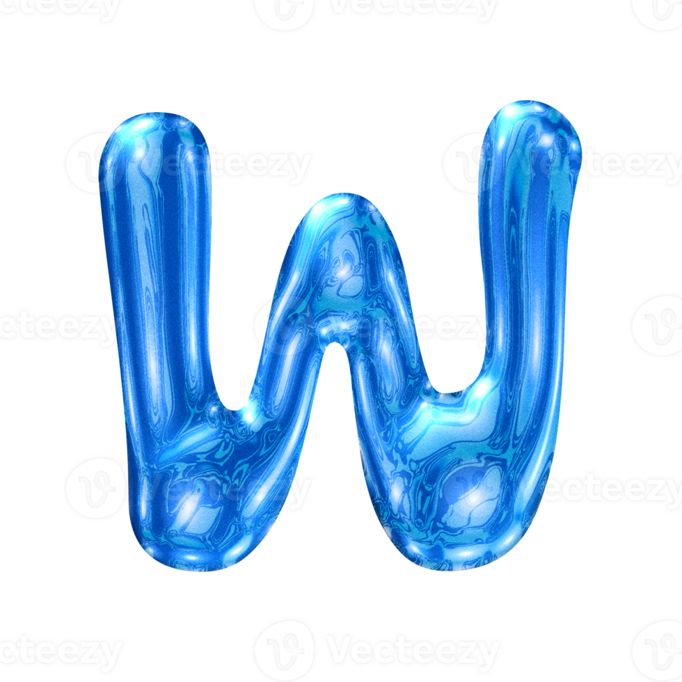 W font alphabet with y2k liquid sea blue chrome effect png