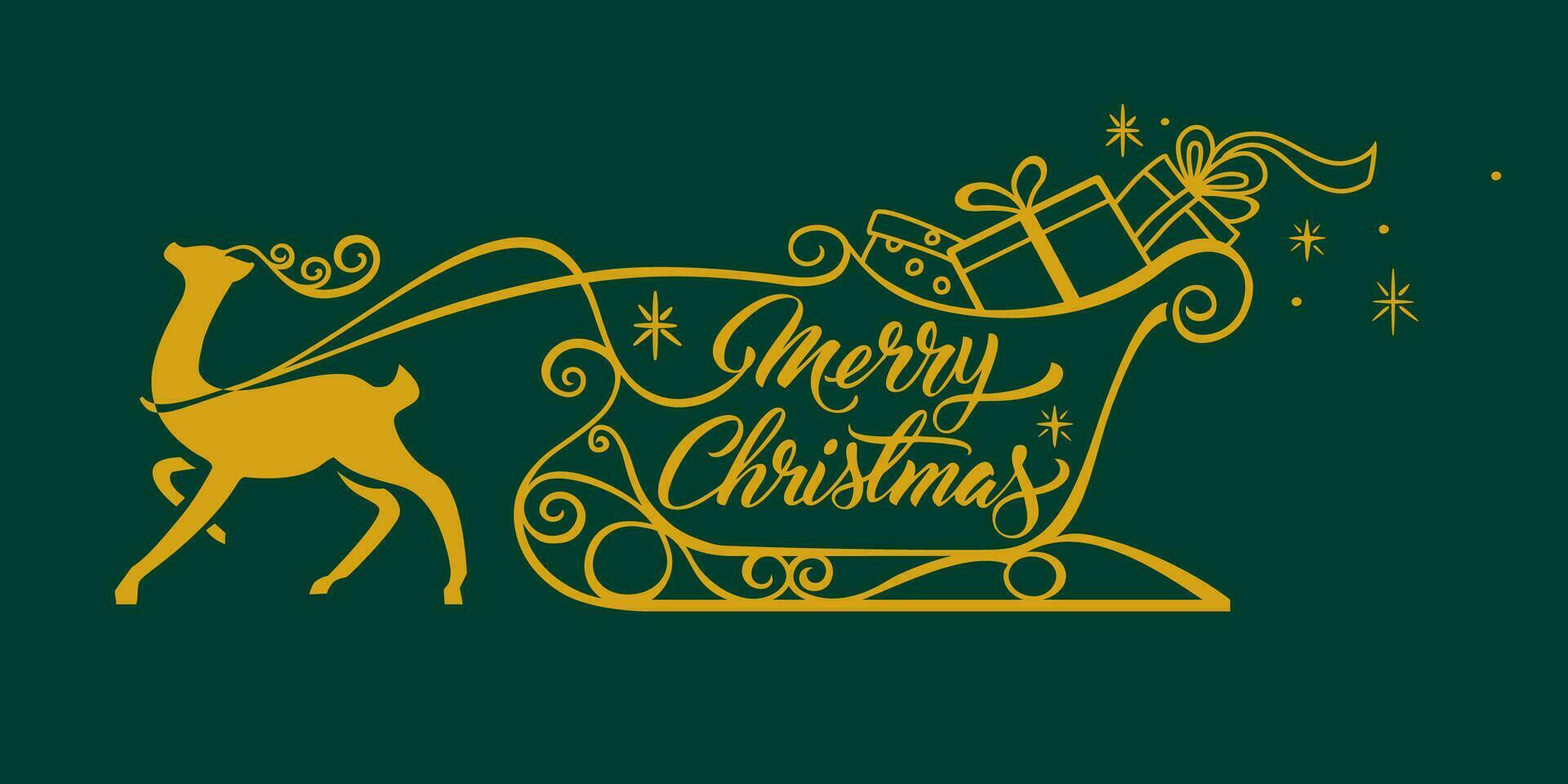 Christmas reindeer sleigh carrying gifts, line logo, merry christmas invitation vector