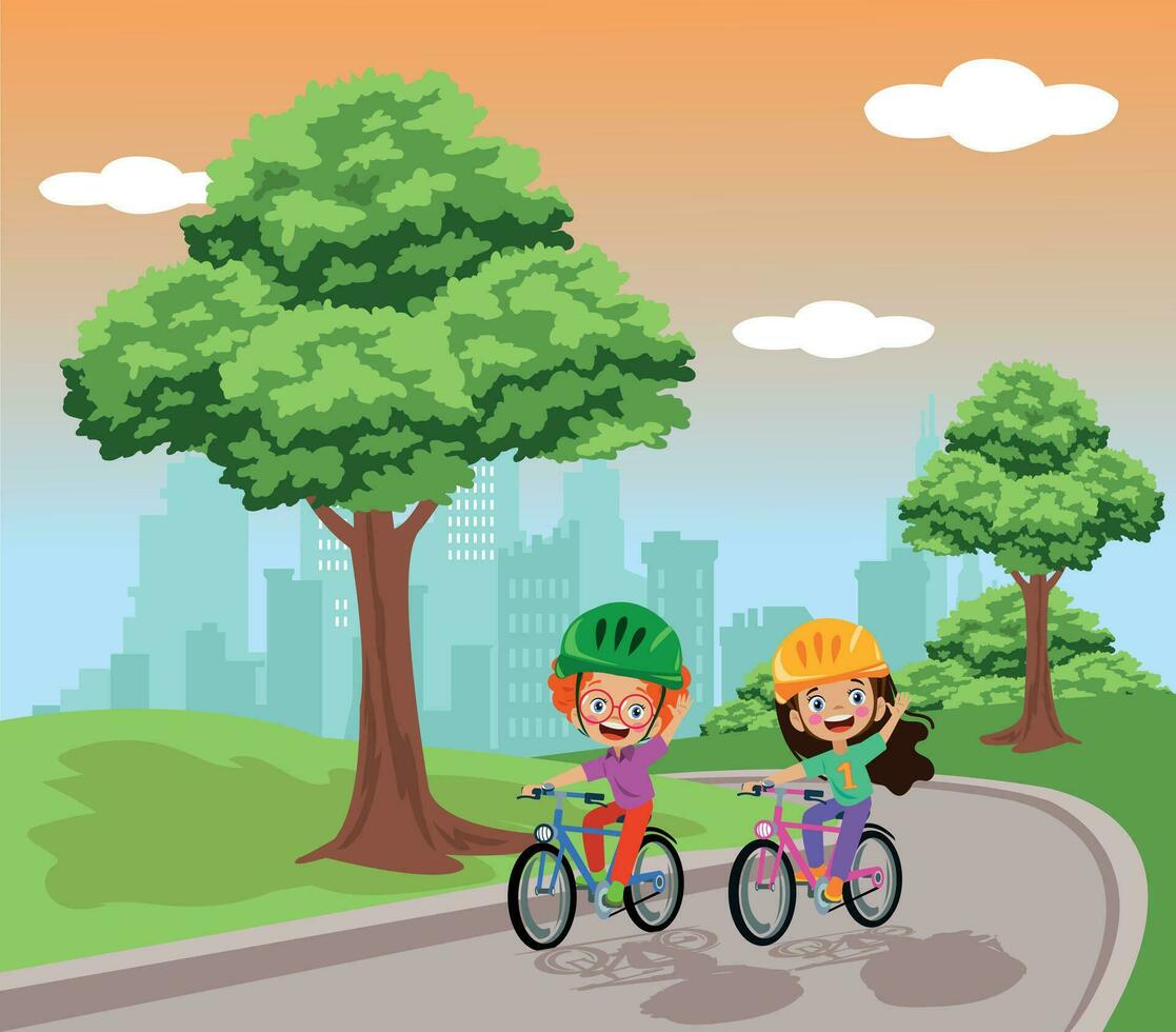 Vector illustration of happy kids riding bicycles in the park