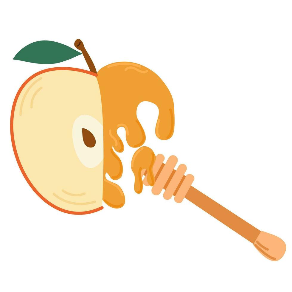 Half cut apple with honey. Symbol of Rosh Hashanah. vector