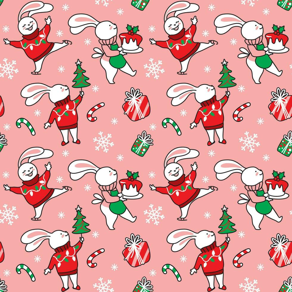 Cute bunny in the christmas sweater with christmas tree and gifts vector