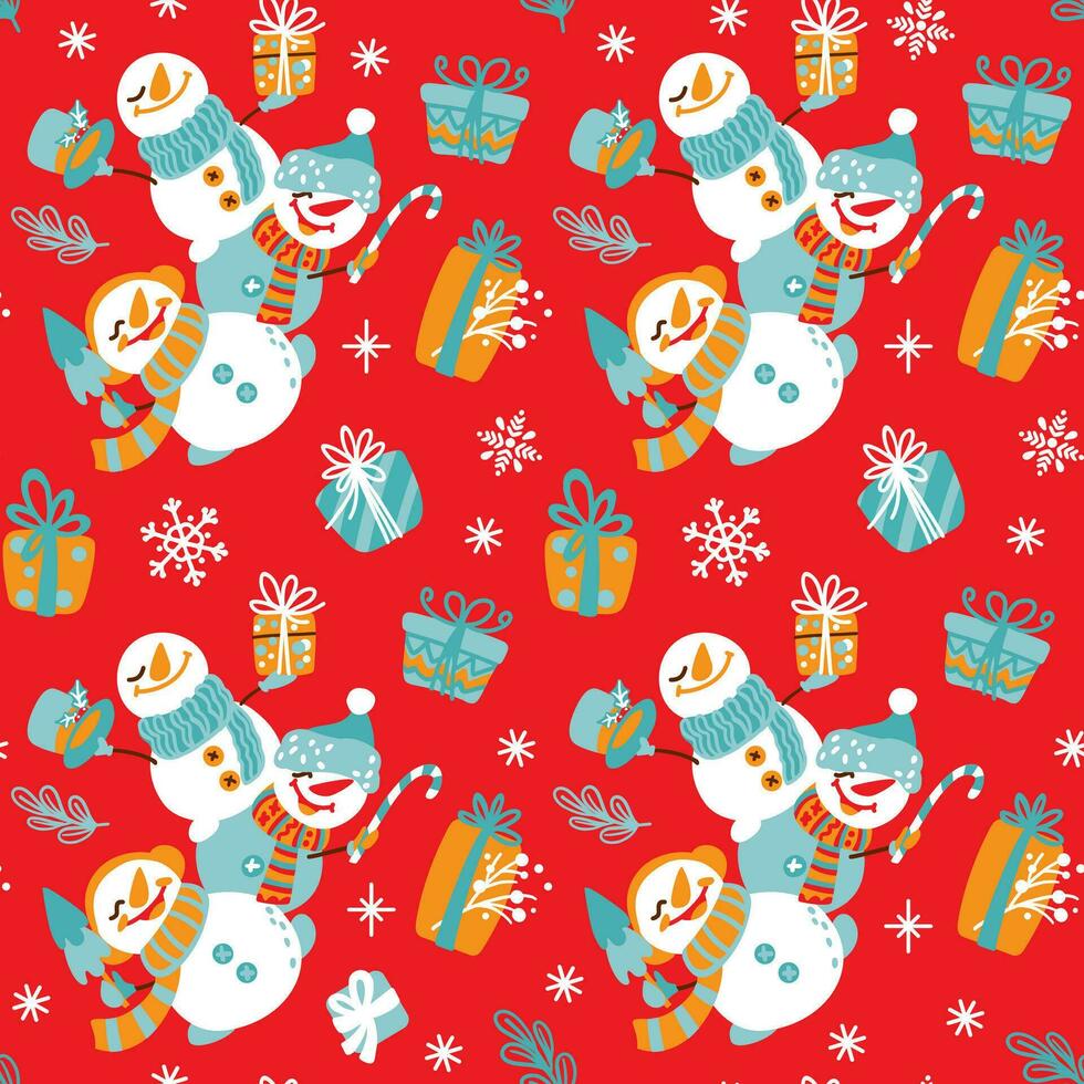 Cheerful snowman's give gifts and enjoy winter. Childish print. Seamless pattern. Vector