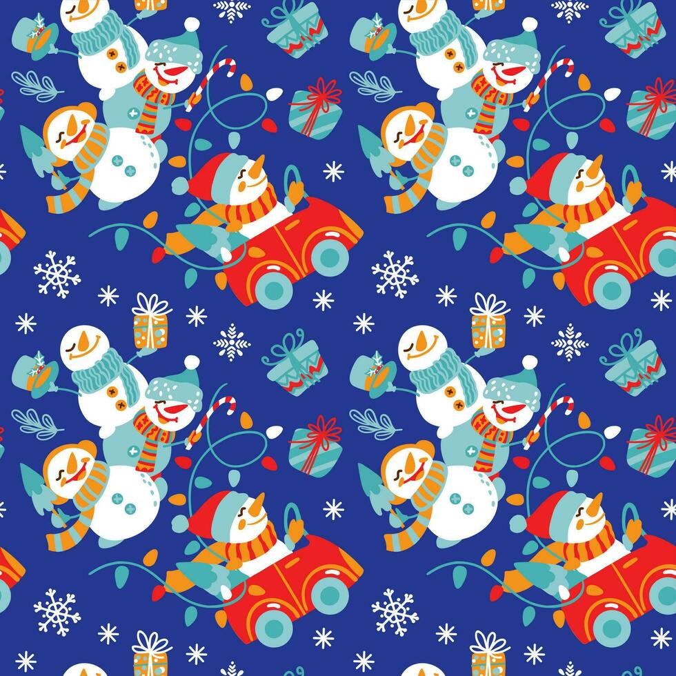 Cheerful snowman's give gifts and enjoy winter. Childish print. Seamless pattern. Vector. vector