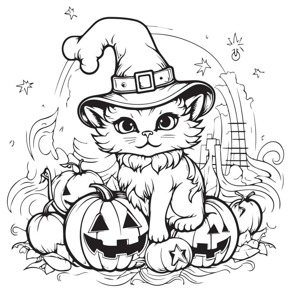 halloween cat coloring page with pumkin vector