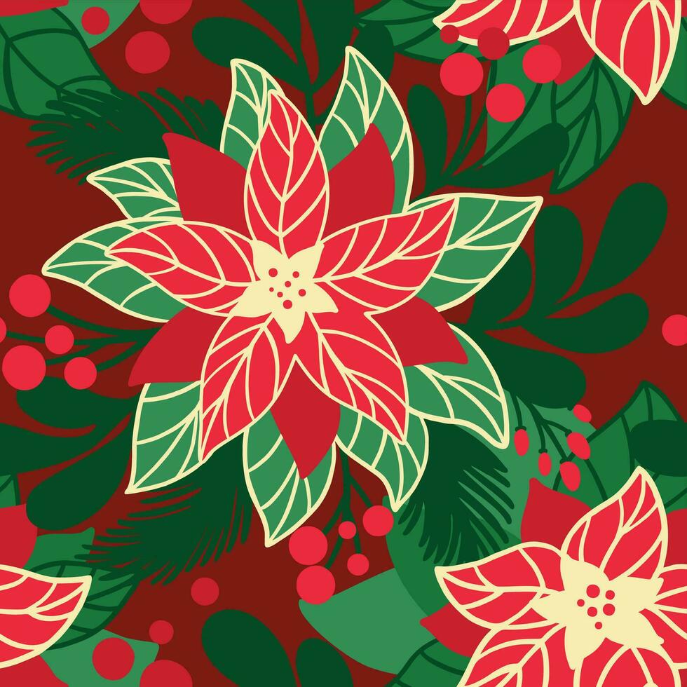 Poinsettia flowers on red background. Christmas floral print. Seamless pattern. Vector