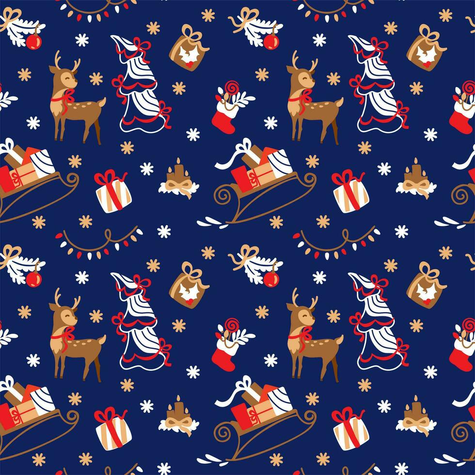 Christmas pattern for fabric, wrapping, textile, wallpaper, apparel. Deer, christmas tree, sleigh, gifts, candles, christmas lights. Seamless pattern. Vector. vector