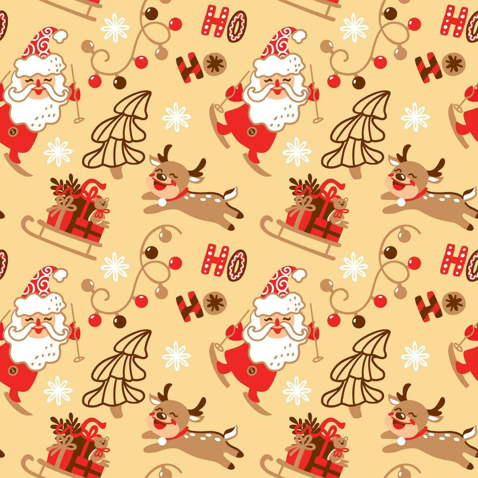 Santa claus, reindeer and christmas attributions. Christmas print. Seamless pattern. vector