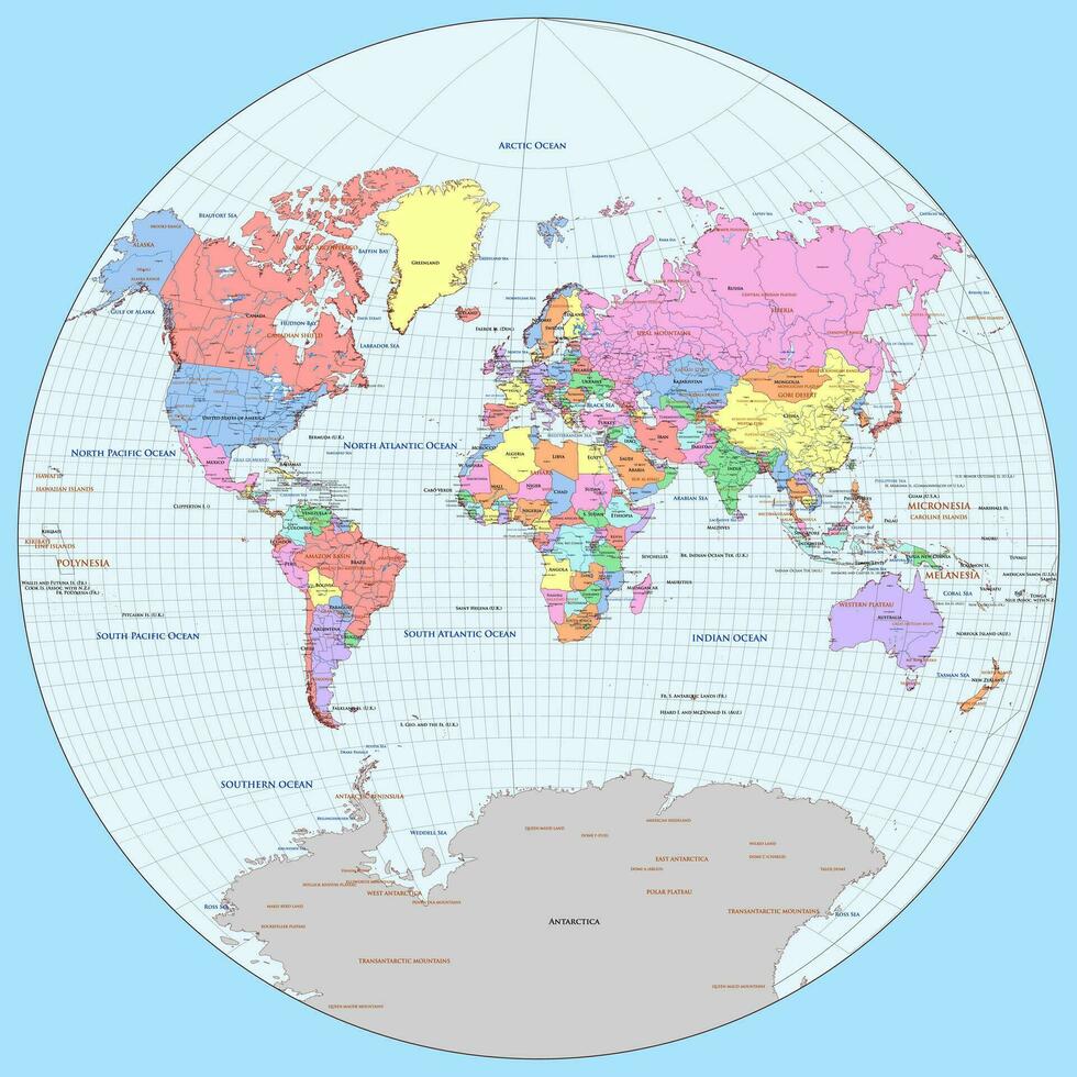 Detailed political world map Van der Grinten projection vector