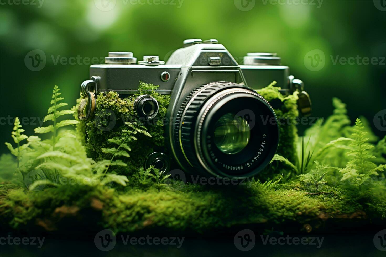 Green camera on grass with nature bokeh background. Nature concept. photo