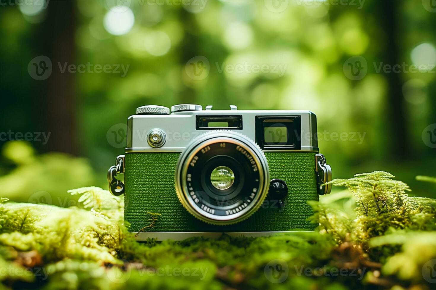 verde cámara en césped con naturaleza bokeh antecedentes. naturaleza concepto. foto