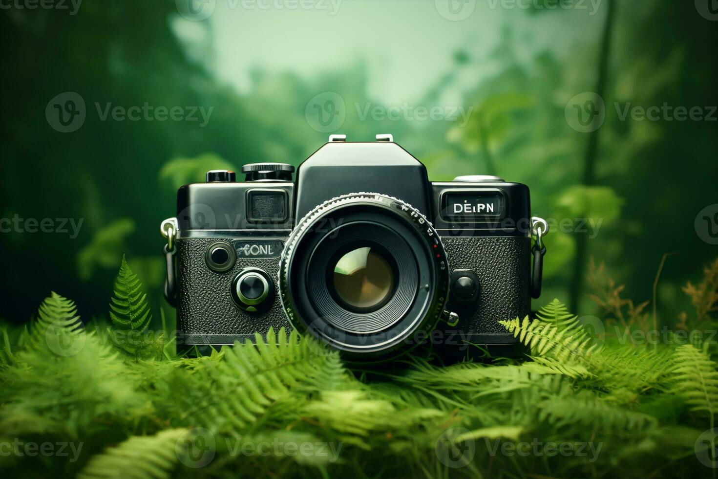 Green camera on grass with nature bokeh background. Nature concept. photo