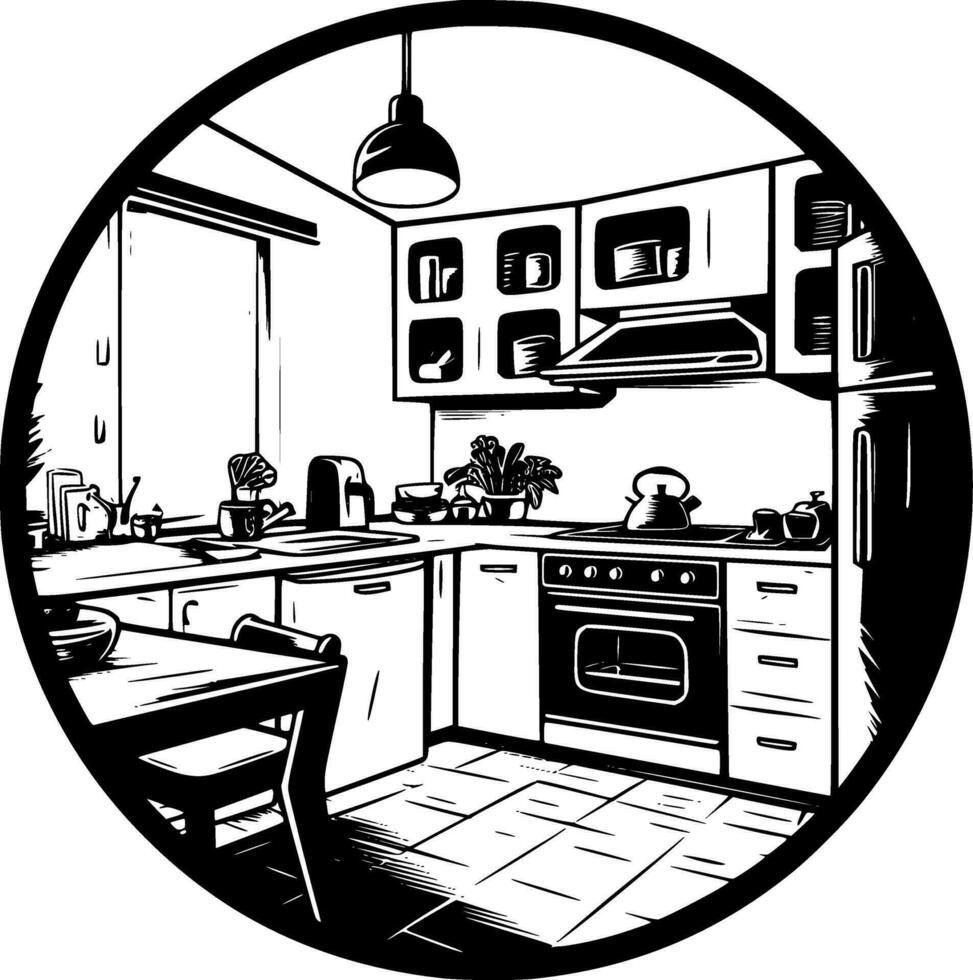 Kitchen, Black and White Vector illustration