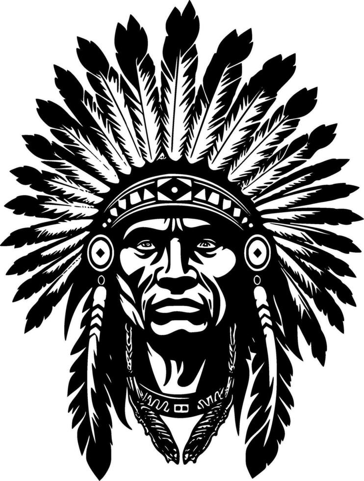 Indian Chief, Black and White Vector illustration