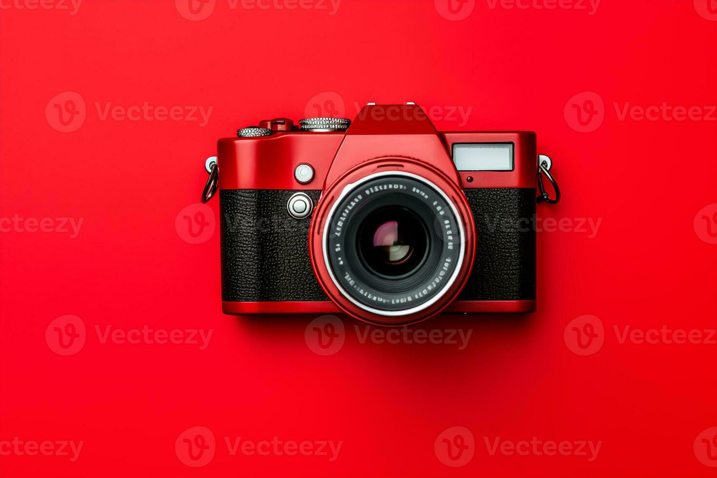 Retro camera isolated on red background. Flat lay, top view photo