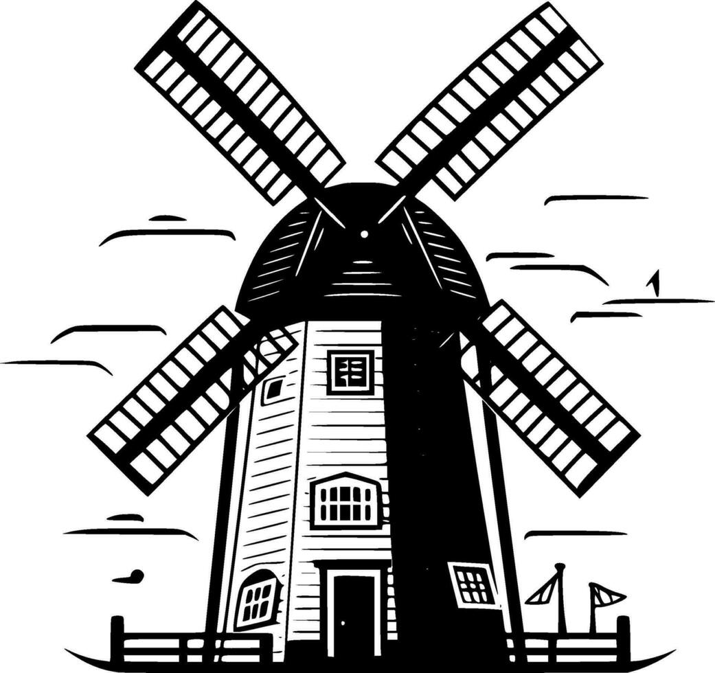 Windmill, Black and White Vector illustration