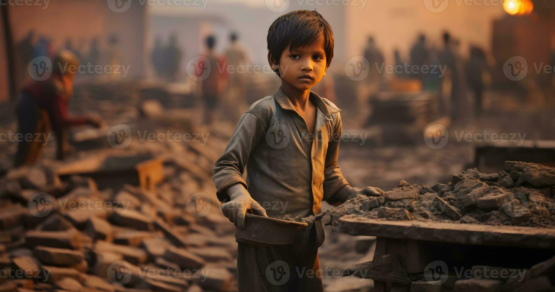 A underage Child is working on harsh condition world  day against child labor ai generative photo