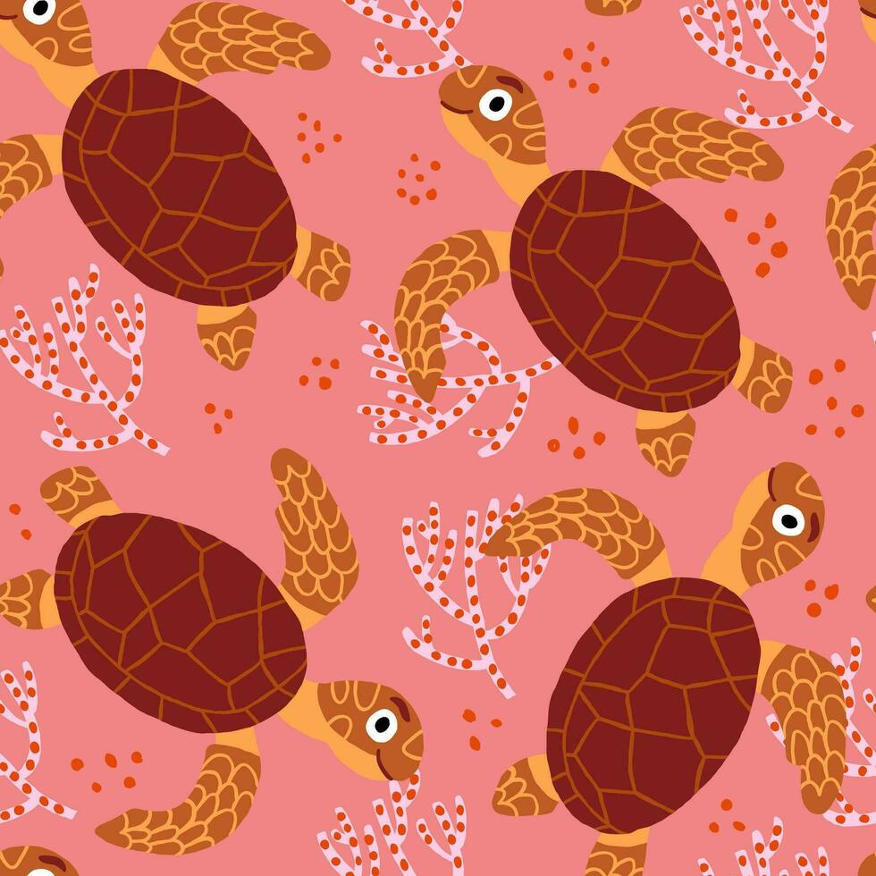 Children pattern with cute turtle characters, corals on pink background. Underwater world children pattern. Cute turtle character vector