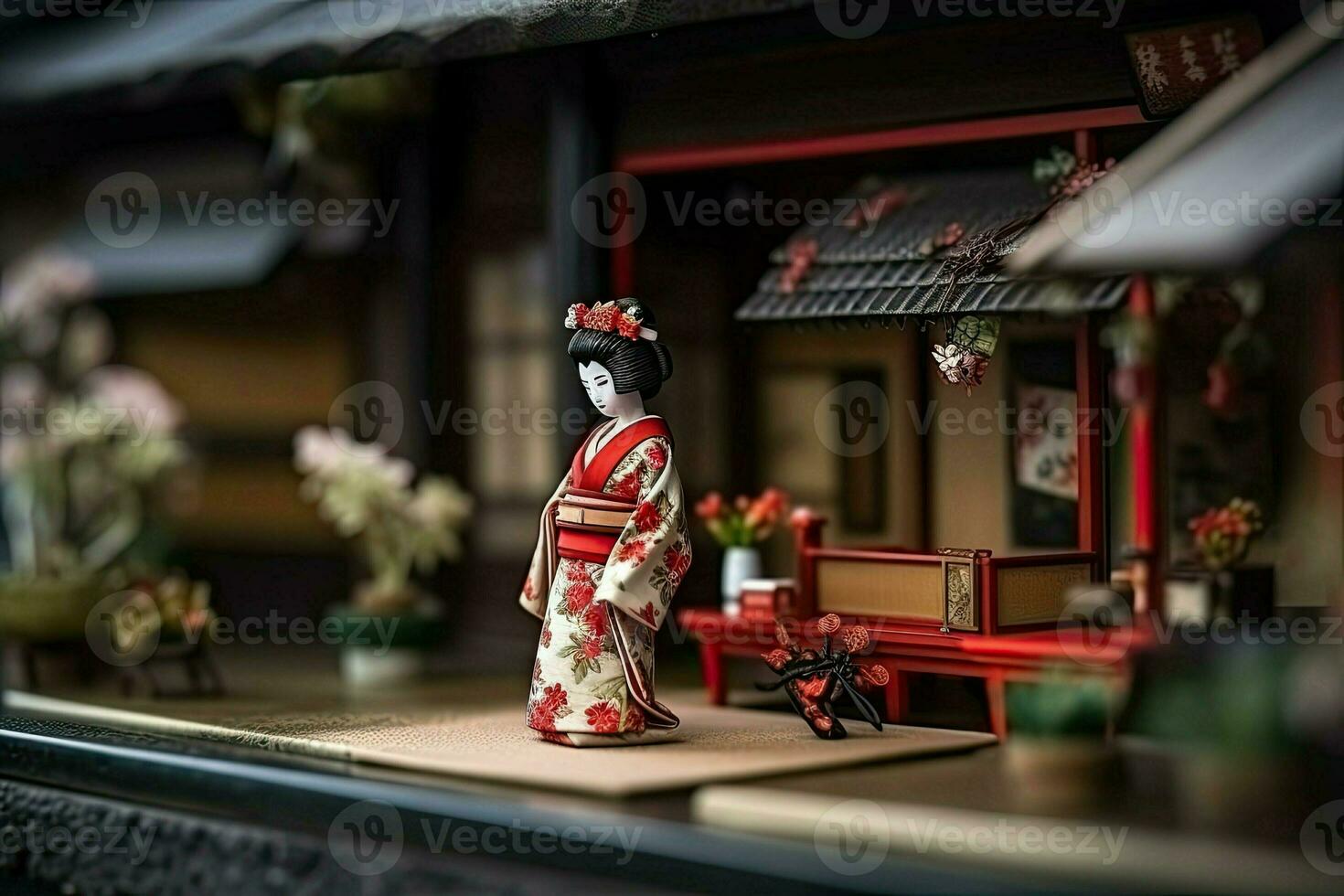 Miniature geisha in kimono. Japanese Asian diorama. Small woman in traditional costume created with Generative AI Technology photo