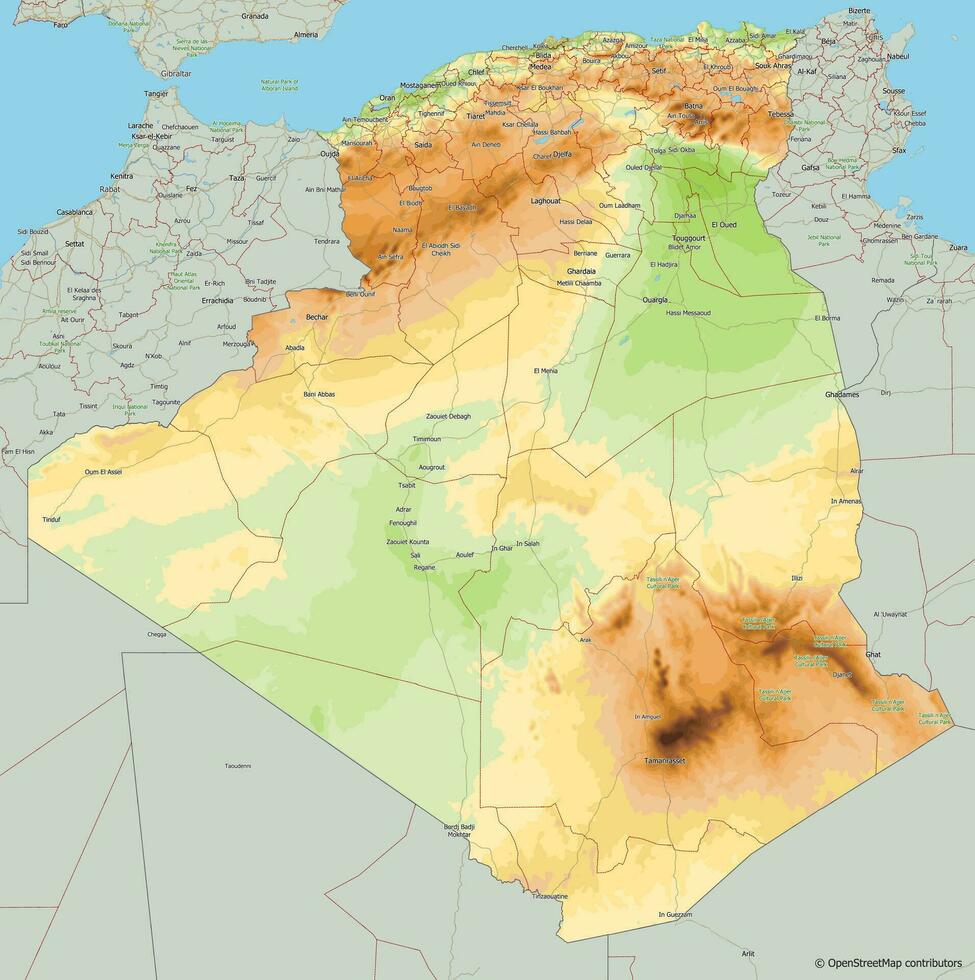 Topographic vector map of Algeria