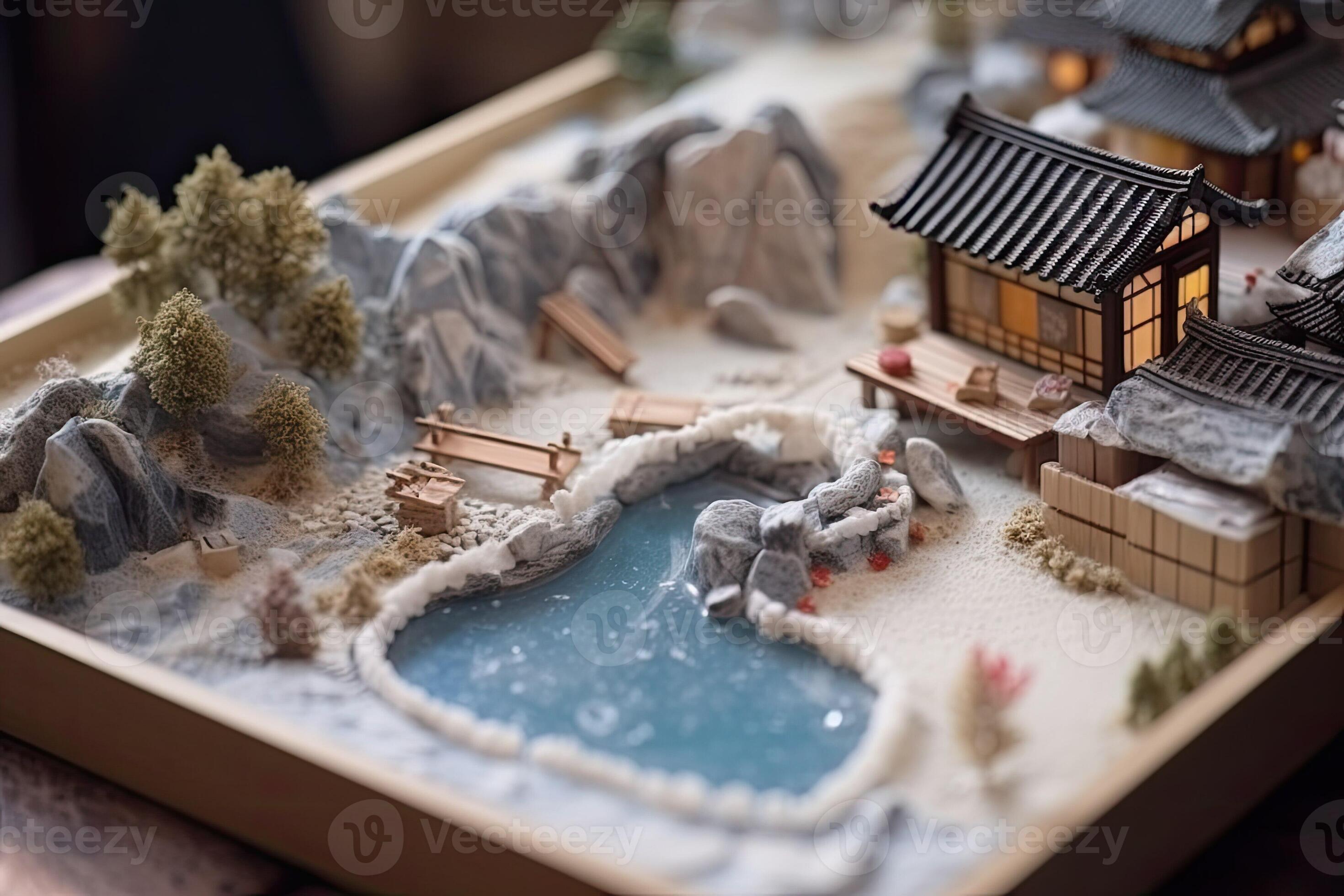 Diorama of Japanese garden Hot spring toy holiday home Miniature of