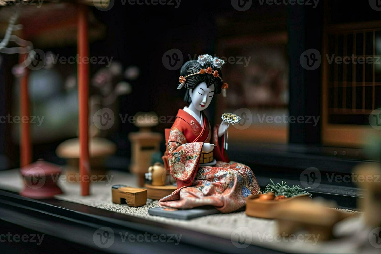 Miniature geisha in kimono. Japanese Asian diorama. Small woman in traditional costume created with Generative AI Technology photo