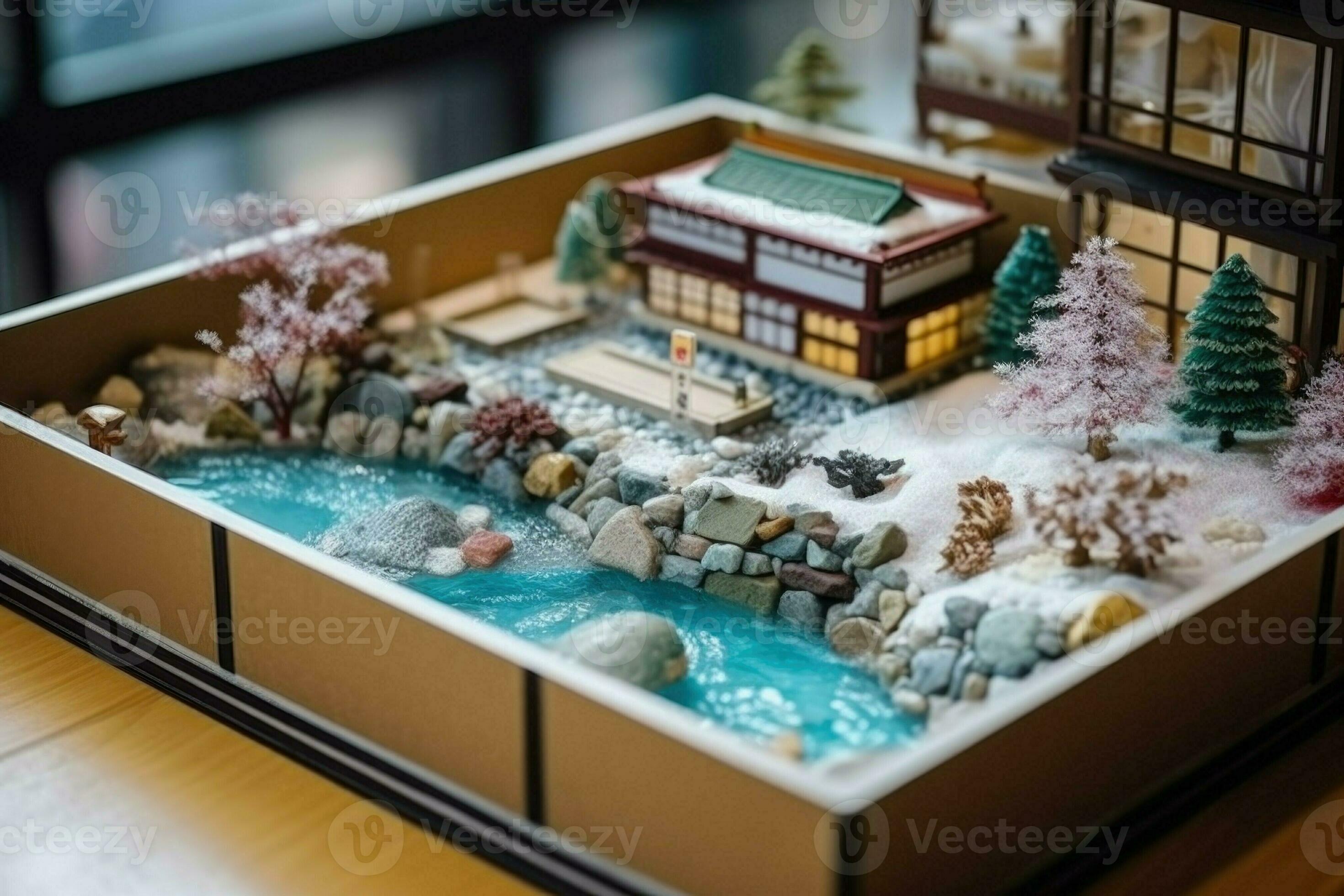 Diorama of Japanese garden. Hot spring, toy holiday home