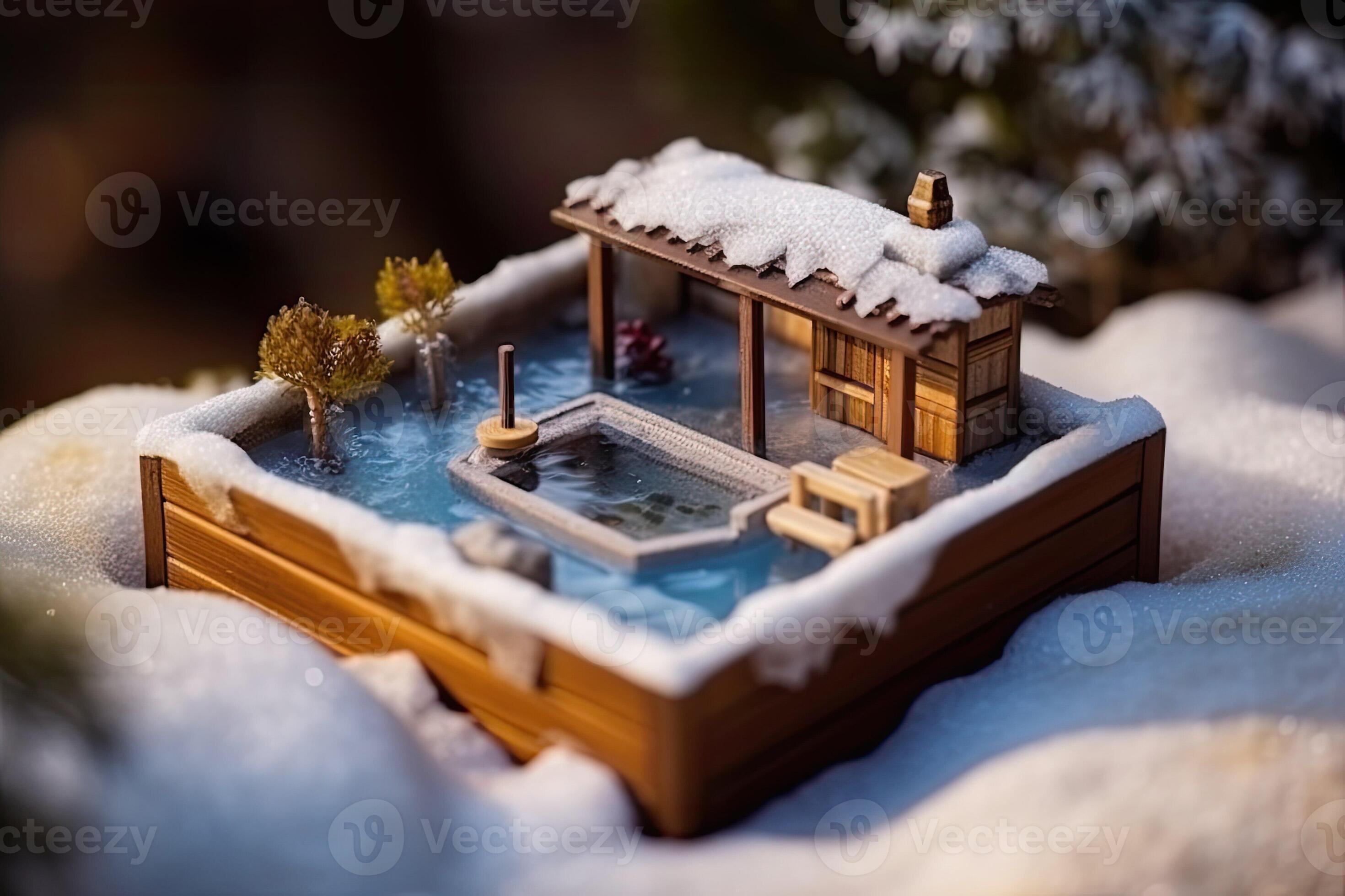 Diorama of Japanese garden. Hot spring, toy holiday home