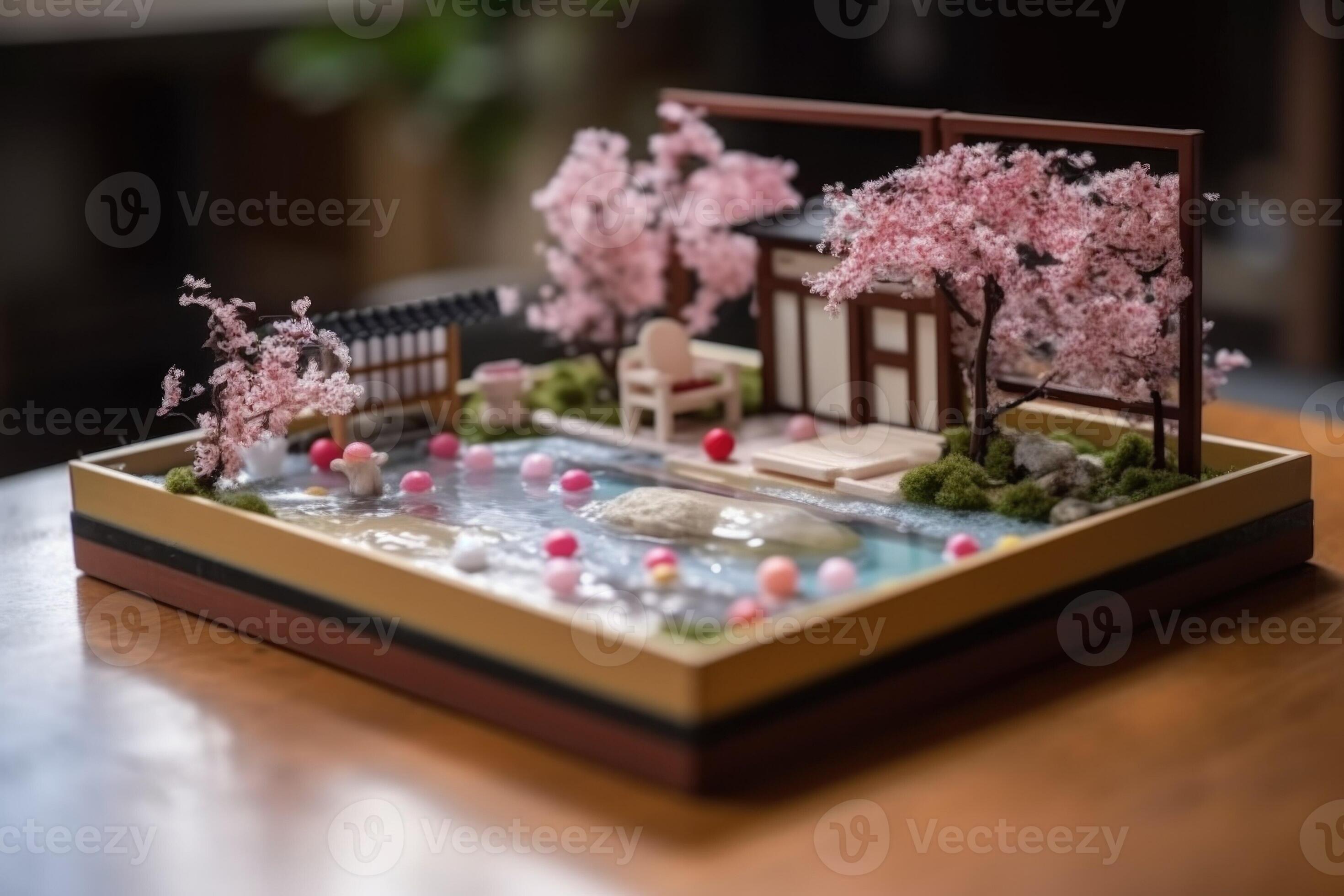 Diorama of Japanese garden. Hot spring, toy holiday home. Miniature of  Japanese resort created with Generative AI Technology 25940395 Stock Photo  at Vecteezy