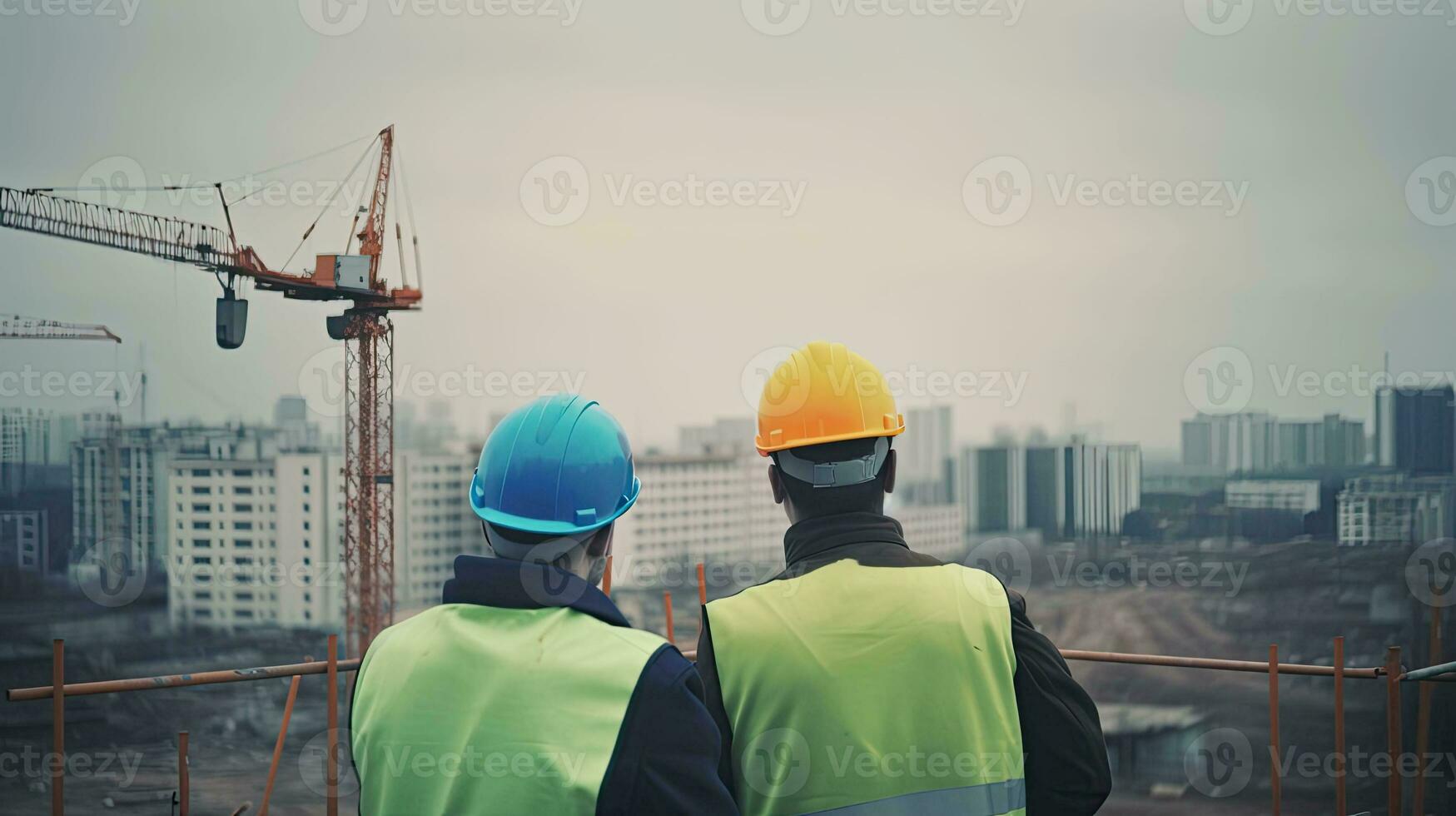 dos trabajadores, posterior vista, en construcción sitio. ingenieros en protector uniformes y cascos a trabajar. construcción de edificios, creado con generativo ai tecnología foto