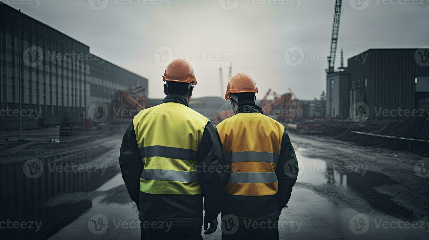 Two workers, rear view, on construction site. Engineers in protective uniforms and helmets at work. Construction of buildings, created with Generative AI Technology photo