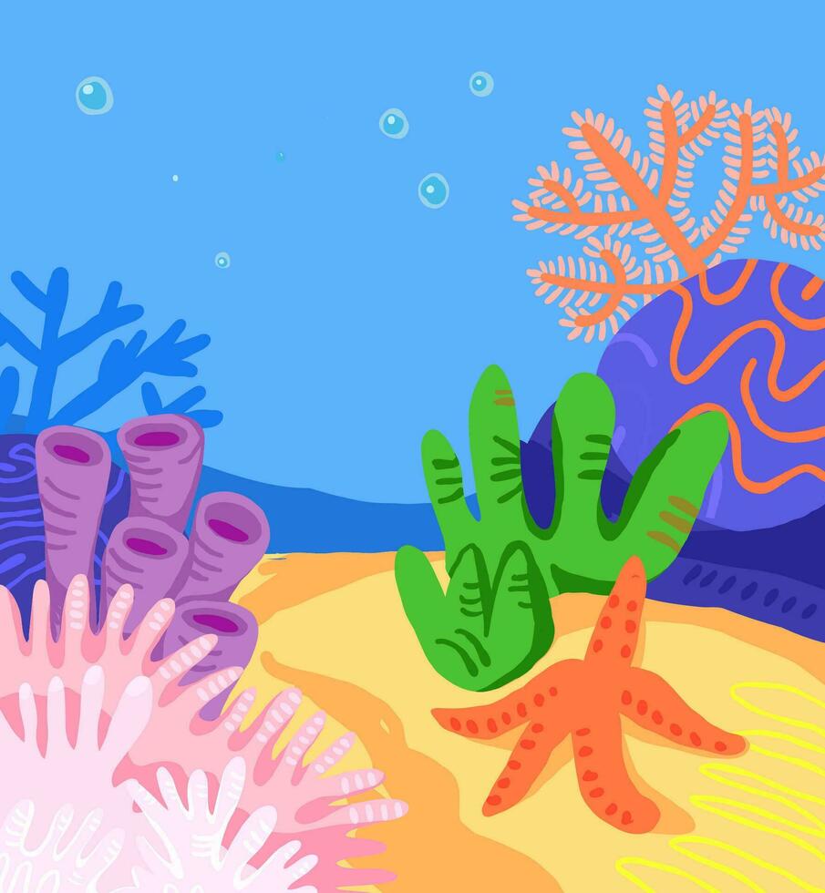 Underwater scene background with coral reads, rocks, corals, sea star, bubbles. Kids illustration background under the sea. Coral reaf background in cartoon style vector