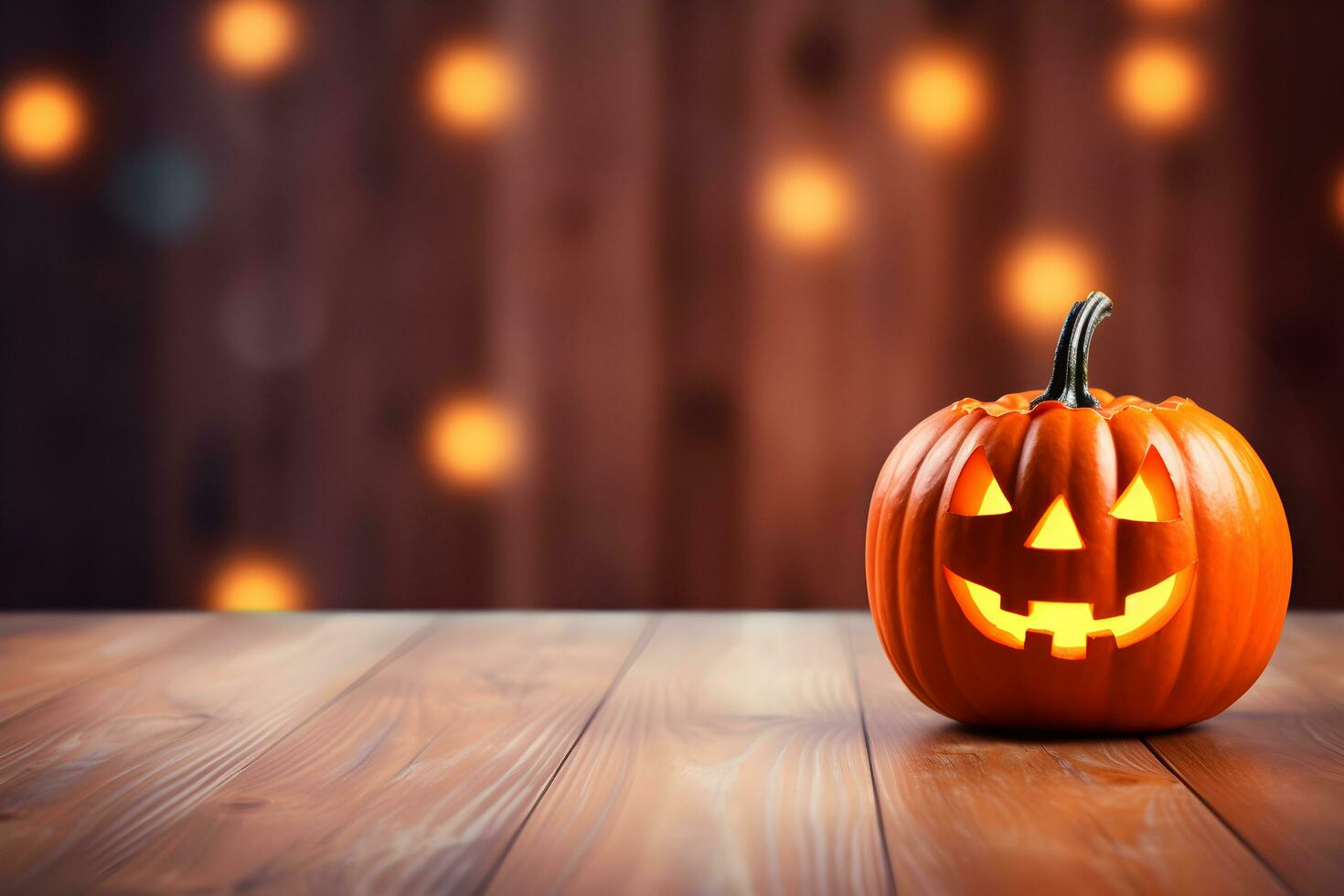 Halloween pumpkin with lantern on wooden with bokeh background at night, Generative ai photo