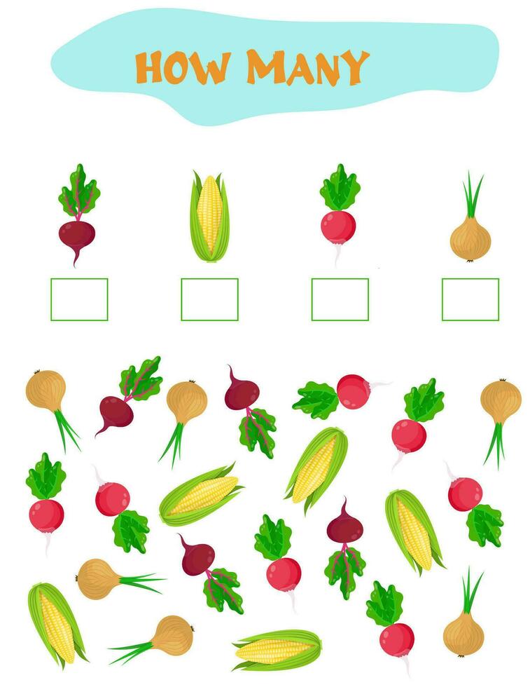 Counting Game for Preschool Children. Educational a mathematical game. Count how many  vegetables and write the result. Math worksheet for kids. vector
