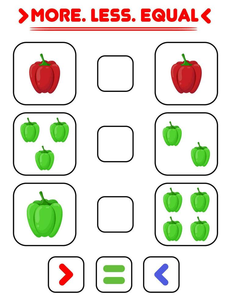 Compare the number of peppers. Write the sign more , less, equal. Teaching children. Education for kindergarten. vector