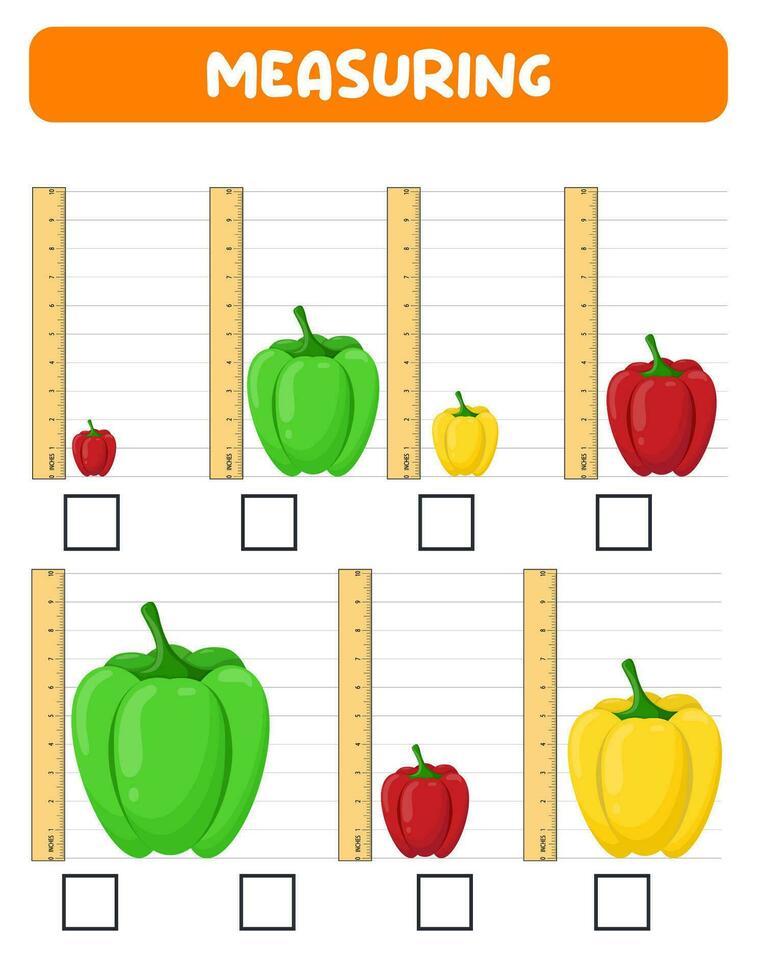 Measuring length  with ruler. Education developing worksheet. Game for kids.Vector illustration. practice sheets.Pepper measurement in inches. vector