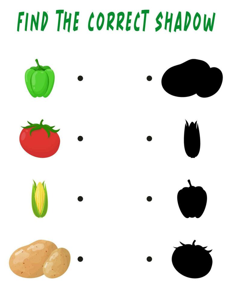 Find the right shadow. Cute fruits. Educational game with vegetables. Logic games for children with an answer. A training card with a task for preschool and kindergarten children vector