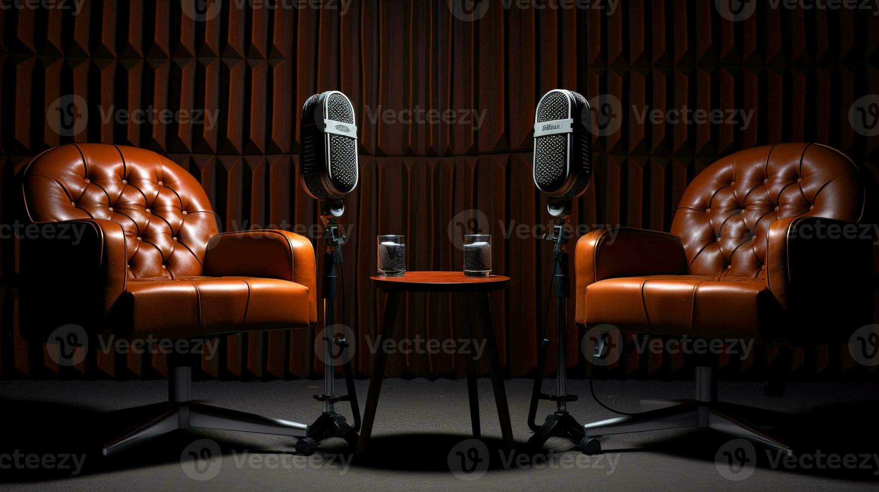 Podcast live or interview room with two chairs and microphones isolated on dark background. AI Generated photo