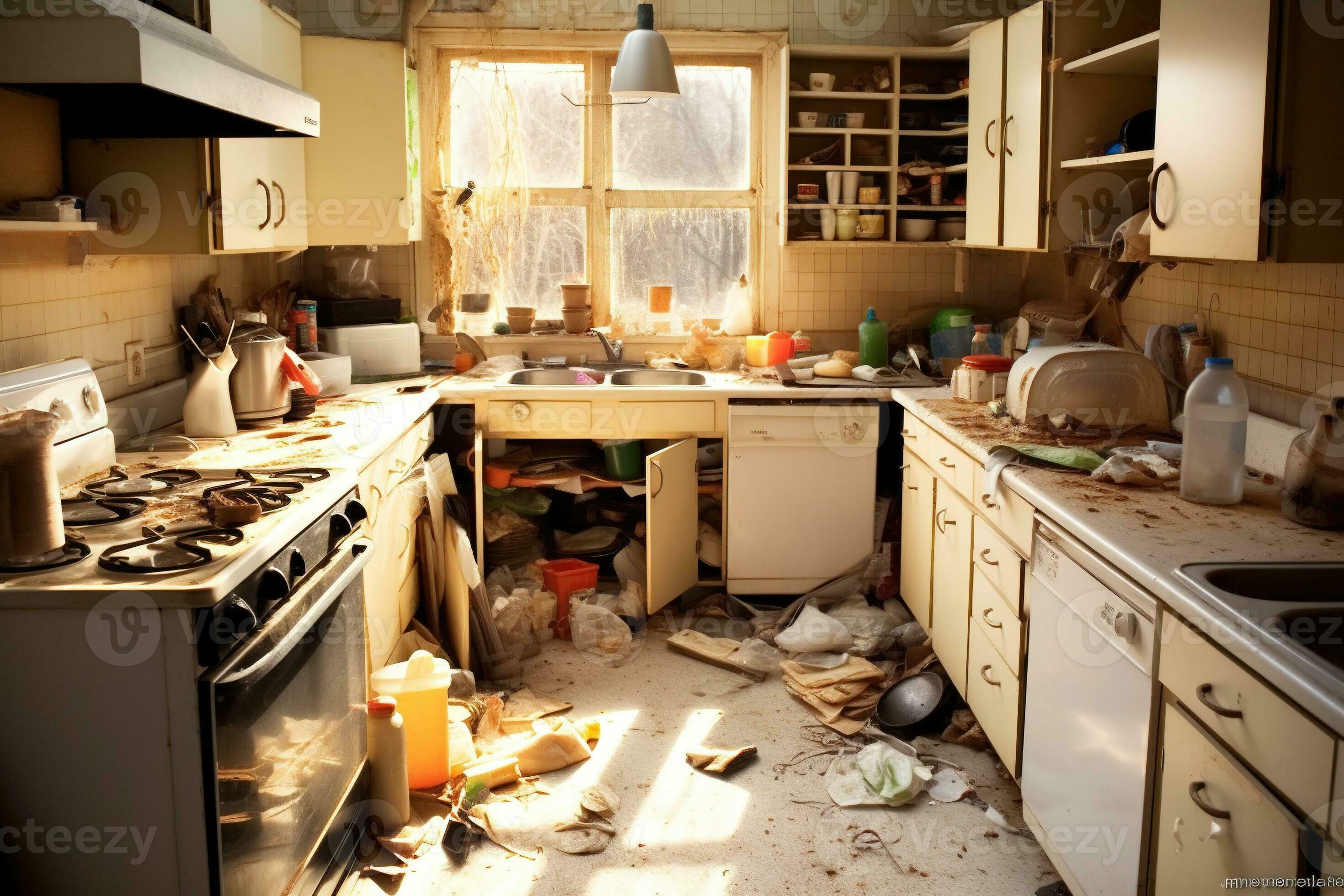 Extremely untidy, very messy unorganized and unclean dirty kitchen. AI ...