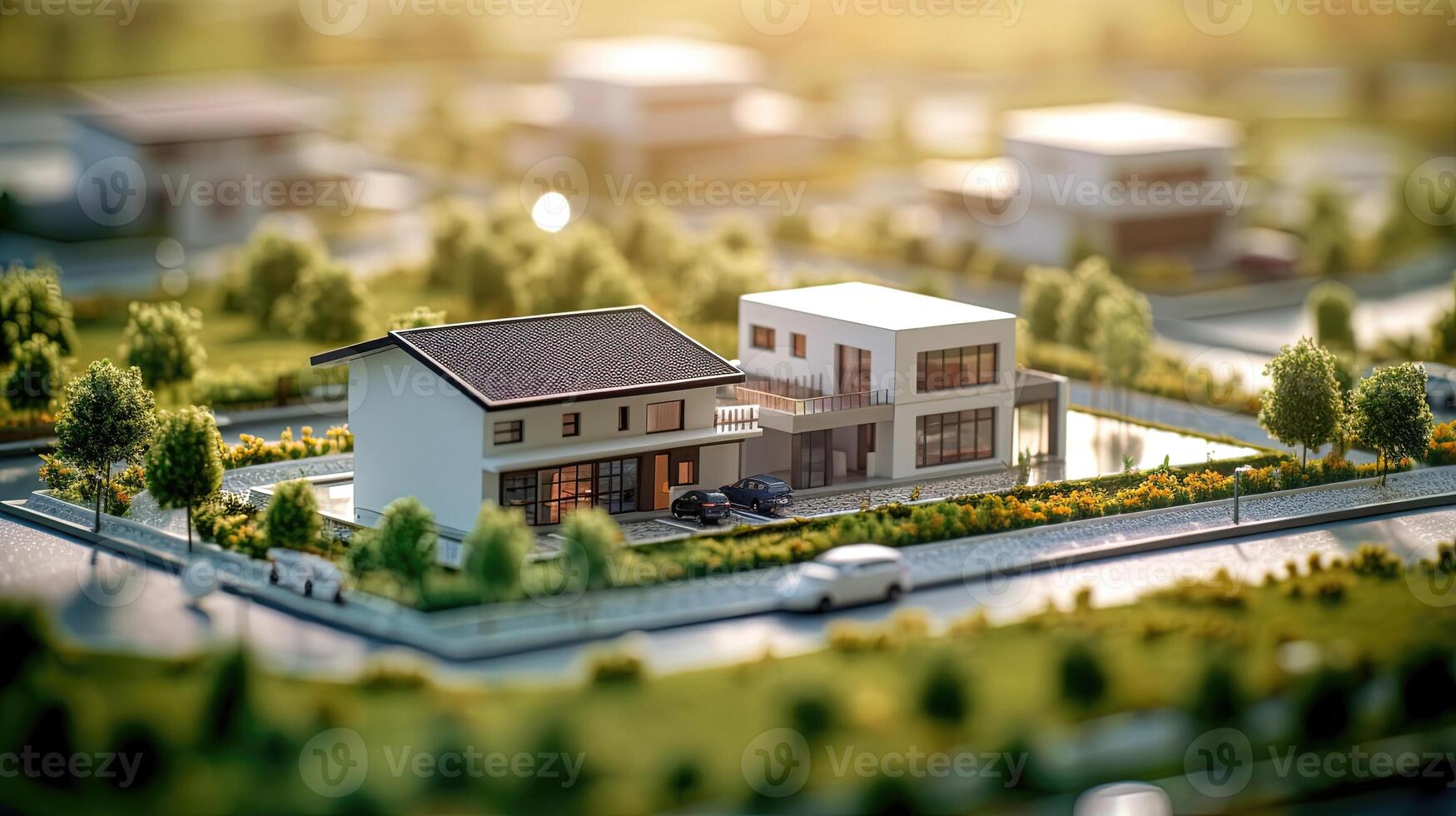 A miniature model of a contemporary villa house neighborhood showcases a modern and generic aesthetic, enhanced by the creative use of tilt-shift focus technique. AI Generated photo