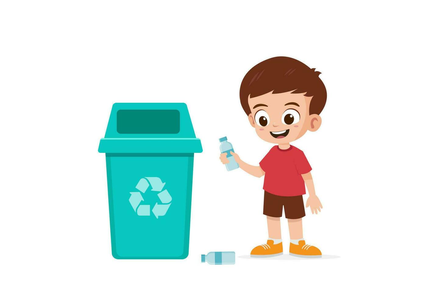 Cute little kid throw trash to trash bin vector illustration