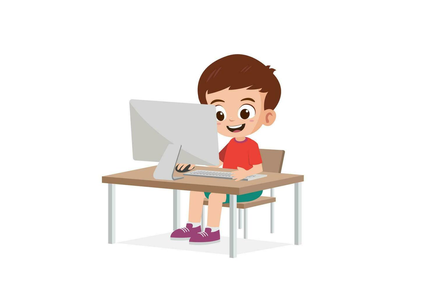 Cute little boy use computer to study vector illustration