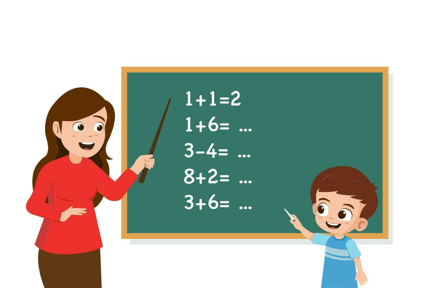 Cute little boy solving math problem on blackboard vector illustration