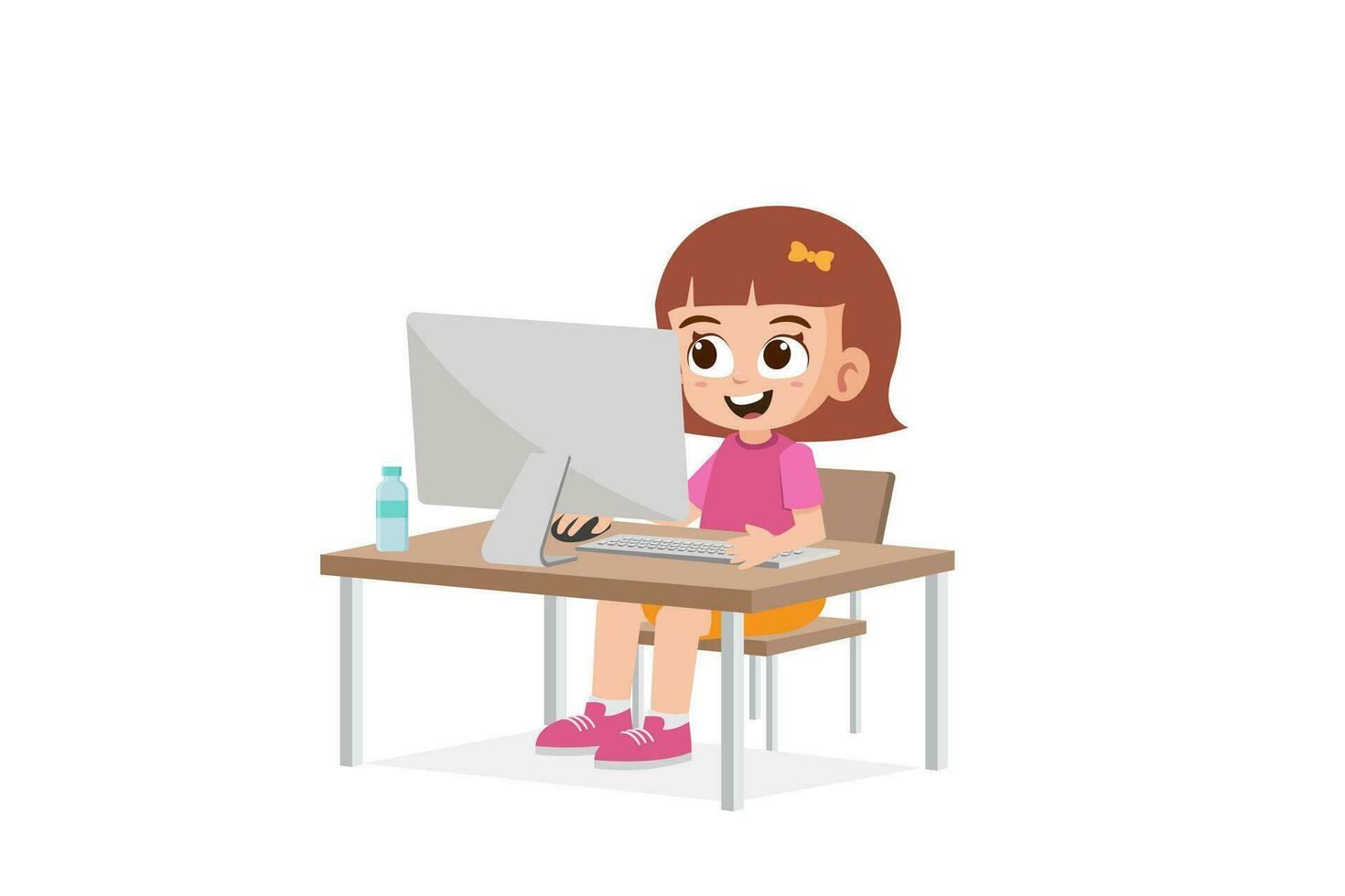Cute little girl use computer to study vector illustration